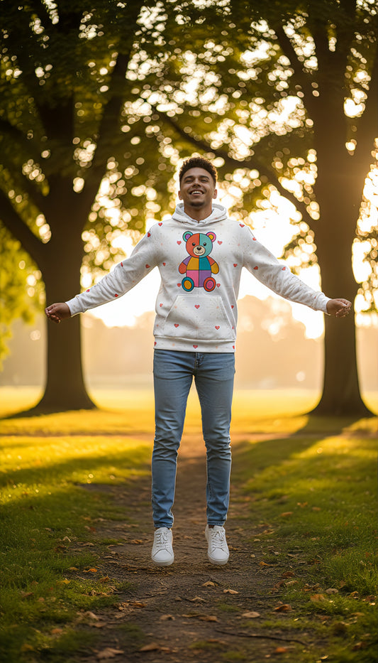 Person wearing a hoodie with a colorful bear design in a park during sunset.