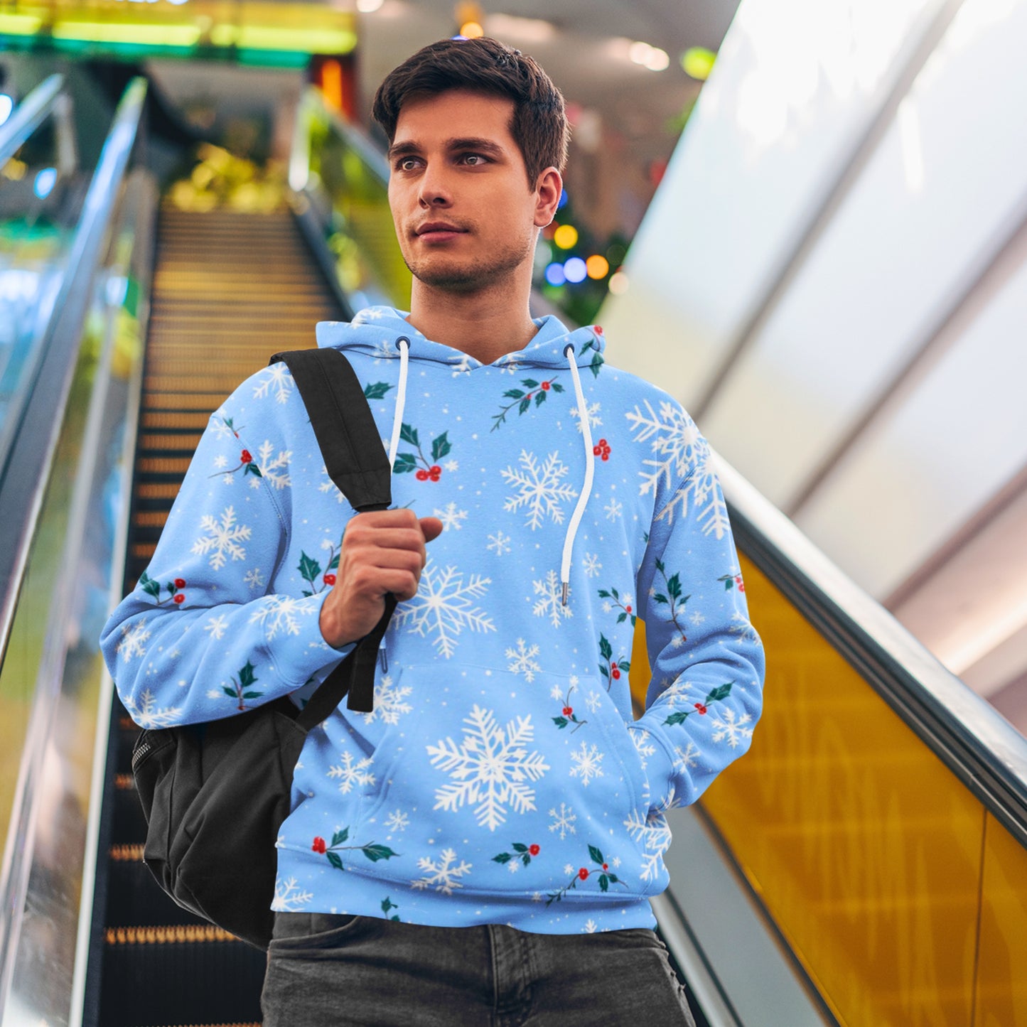 Sweat à capuche unisexe - Flocon de neige et houx d'hiver - Imprimé festif sur toute la surface