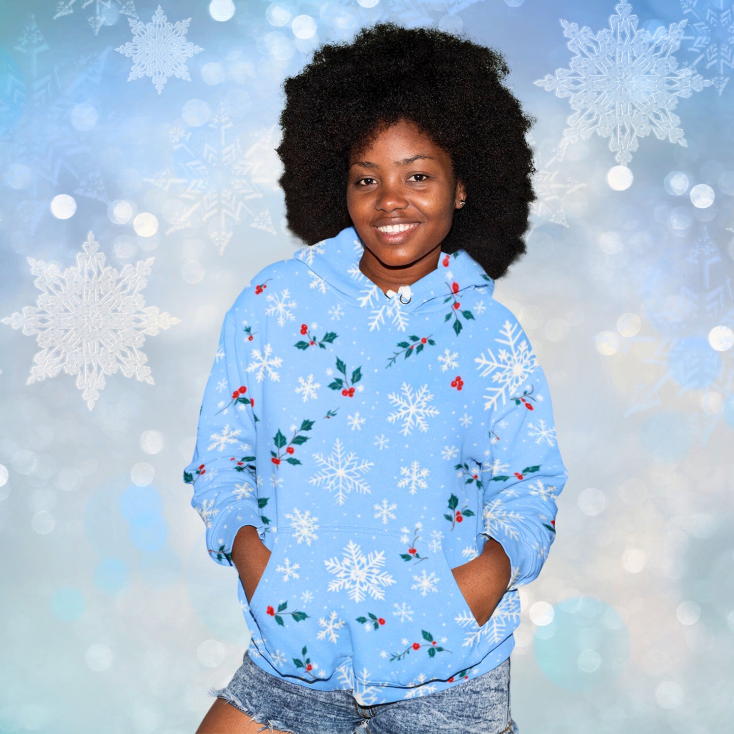 Sweat à capuche unisexe - Flocon de neige et houx d'hiver - Imprimé festif sur toute la surface