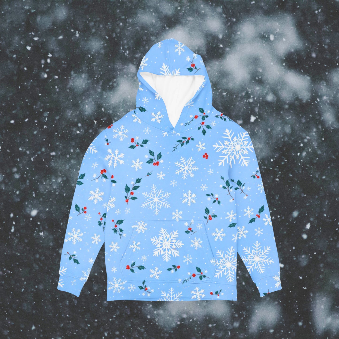 Sweat à capuche unisexe - Flocon de neige et houx d'hiver - Imprimé festif sur toute la surface