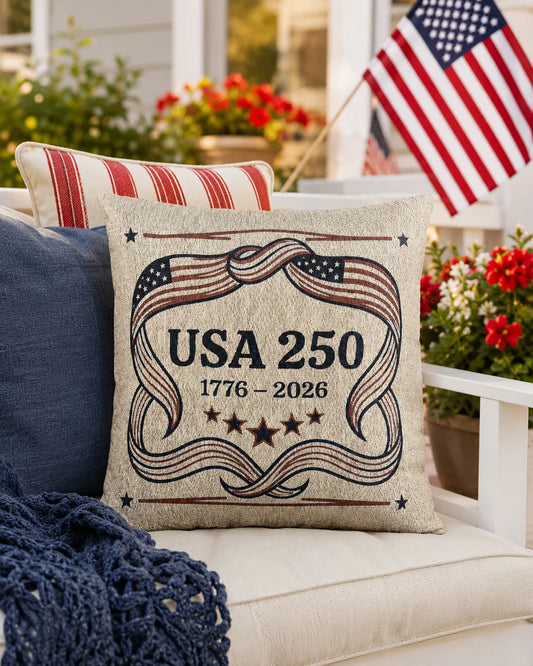 Decorative pillow with 'USA 250' design on a couch outdoors with American flag and flowers in the background.