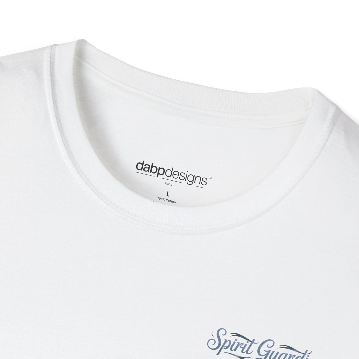 White t-shirt with 'dabp designs' logo on a white background