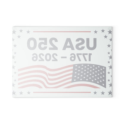 Back side of the 'USA 250 1776-2026' 8" x 11" glass cutting board.