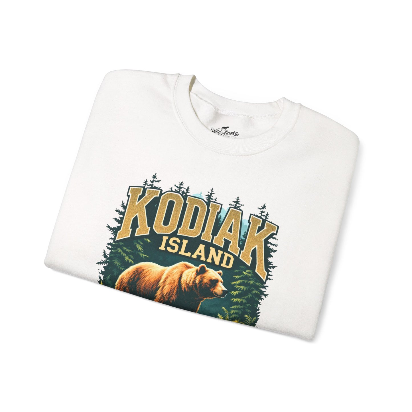 White t-shirt with 'Kodiak Island' graphic featuring a bear and trees on a white background