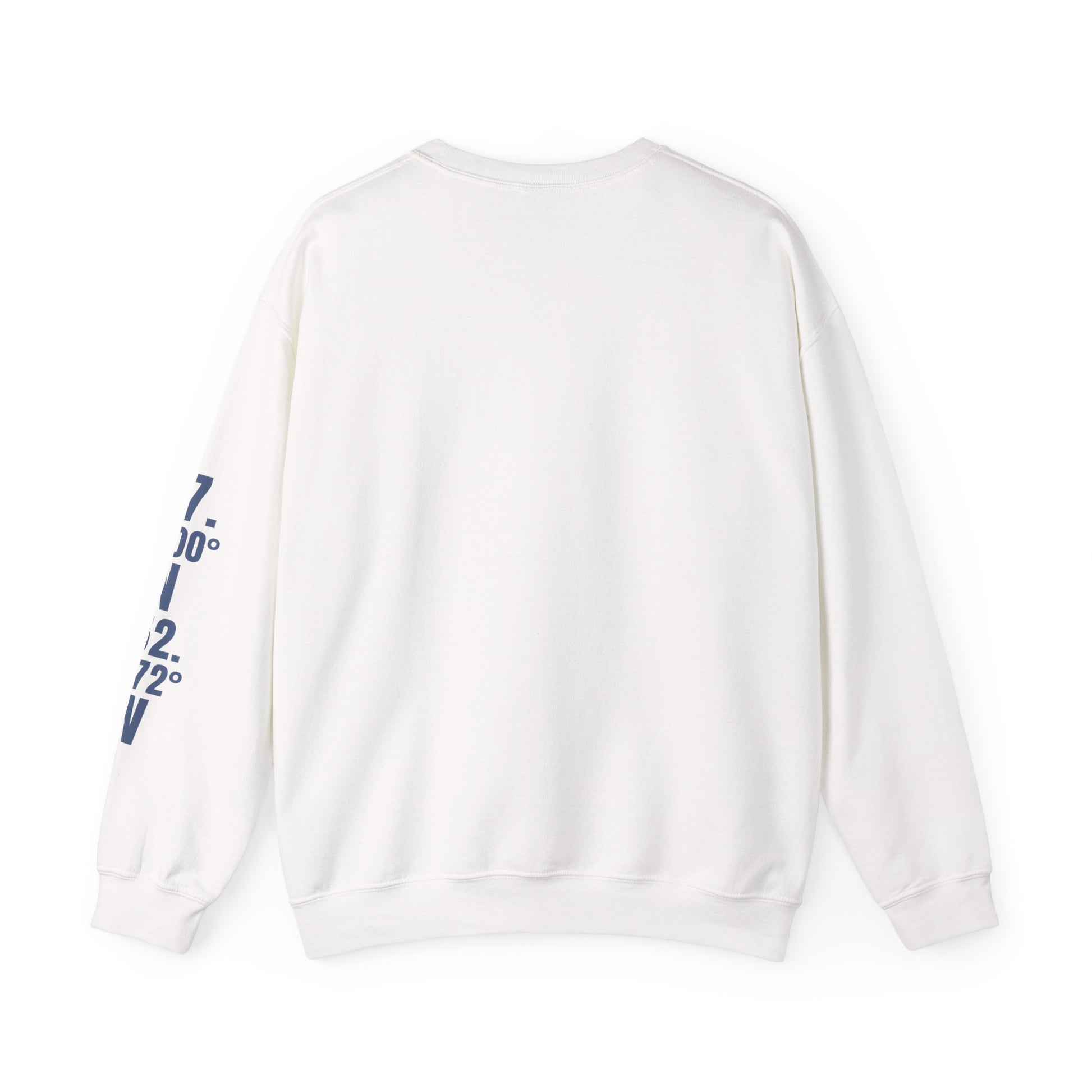 White sweatshirt with blue text on the sleeve against a white background