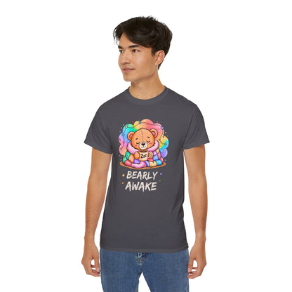 Bearly Awake Teddy Bear Tee | Cute Coffee Bear Wrapped in Rainbow Blanket