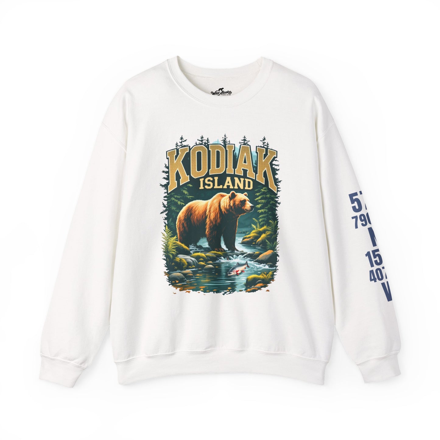 White sweatshirt with bear graphic and 'Kodiak Island' text on a white background