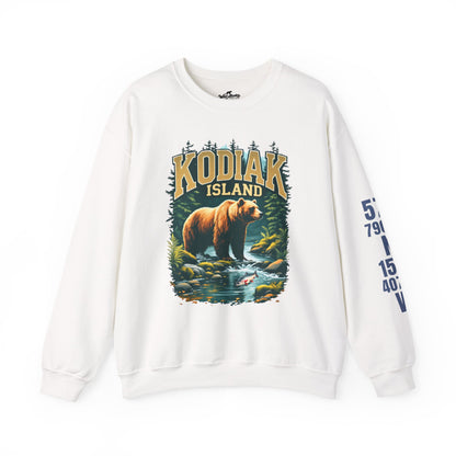 White sweatshirt with bear graphic and 'Kodiak Island' text on a white background