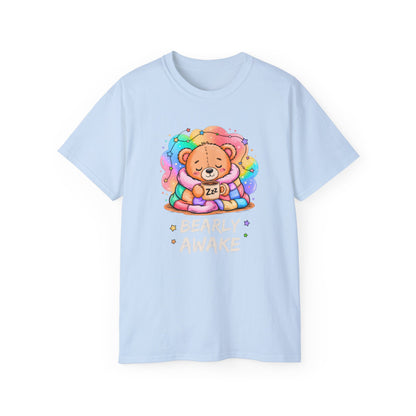 Bearly Awake Teddy Bear Tee | Cute Coffee Bear Wrapped in Rainbow Blanket