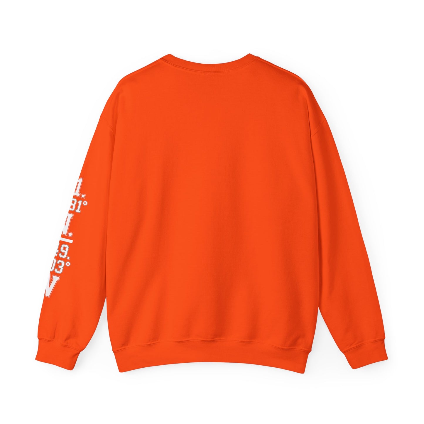Orange sweatshirt with text on sleeve against a white background