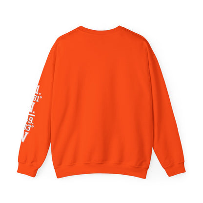 Orange sweatshirt with text on sleeve against a white background