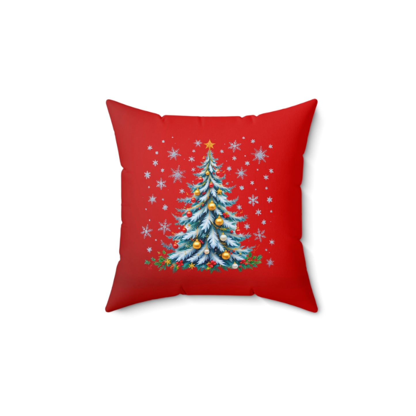 Elegant Christmas Tree Pillow – Snow-Kissed in Blue and Gold