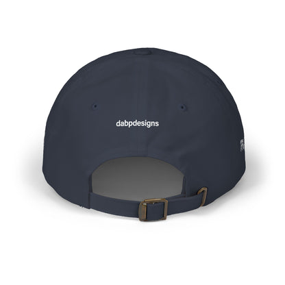 Navy blue cap with a logo on the back against a white background