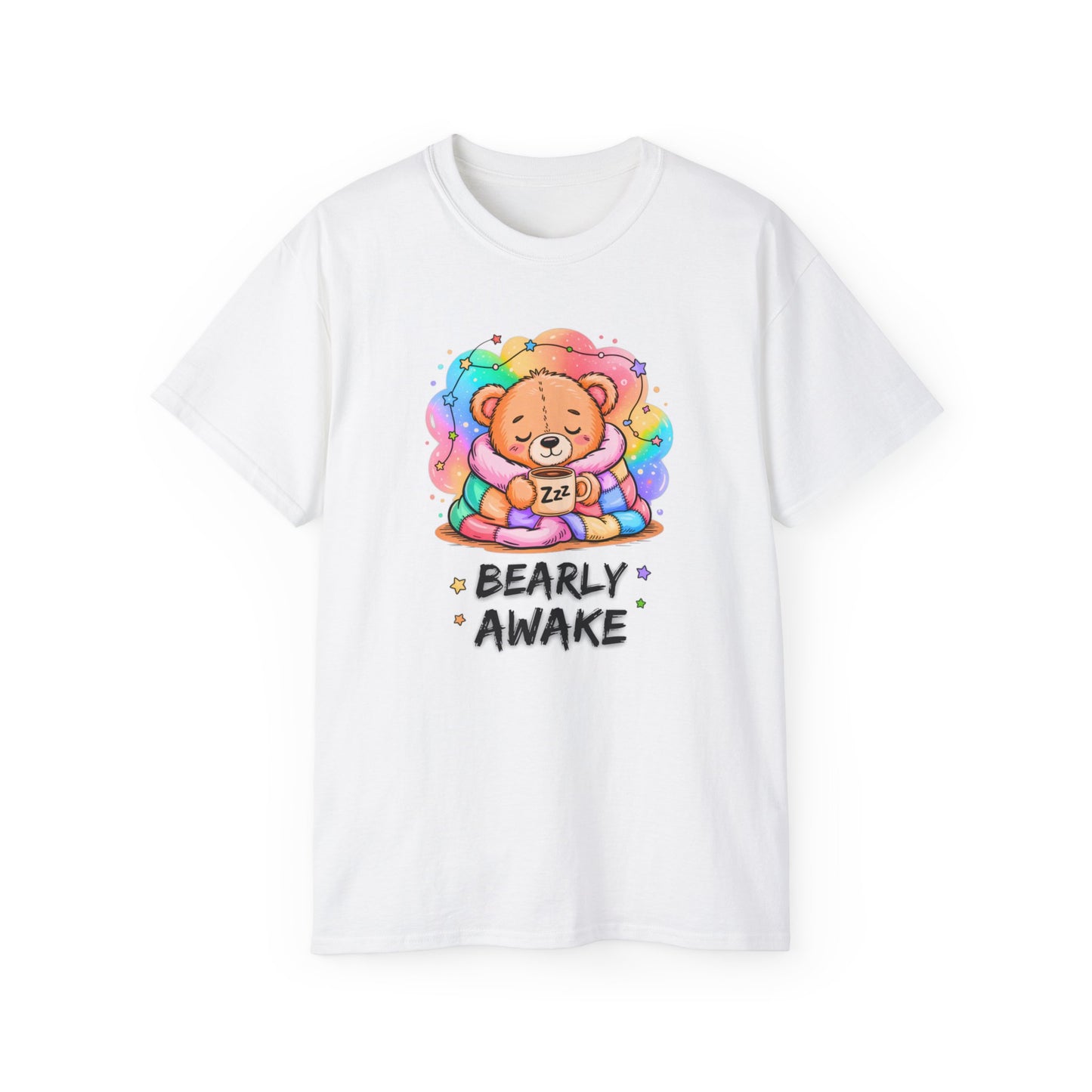 Bearly Awake Teddy Bear Tee | Cute Coffee Bear Wrapped in Rainbow Blanket