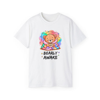 Bearly Awake Teddy Bear Tee | Cute Coffee Bear Wrapped in Rainbow Blanket