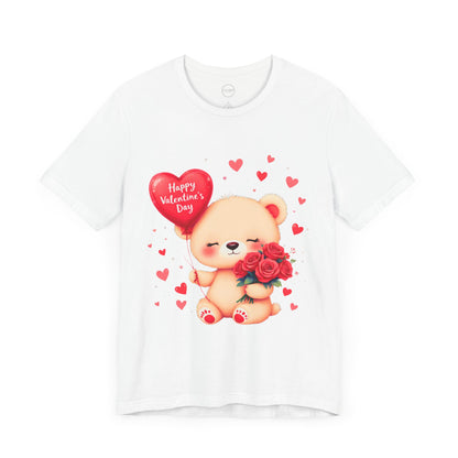 Bella+Canvas · 3001 Unisex Jersey Short Sleeve Tee - Valentine’s Day Bear, Balloon & Roses Design