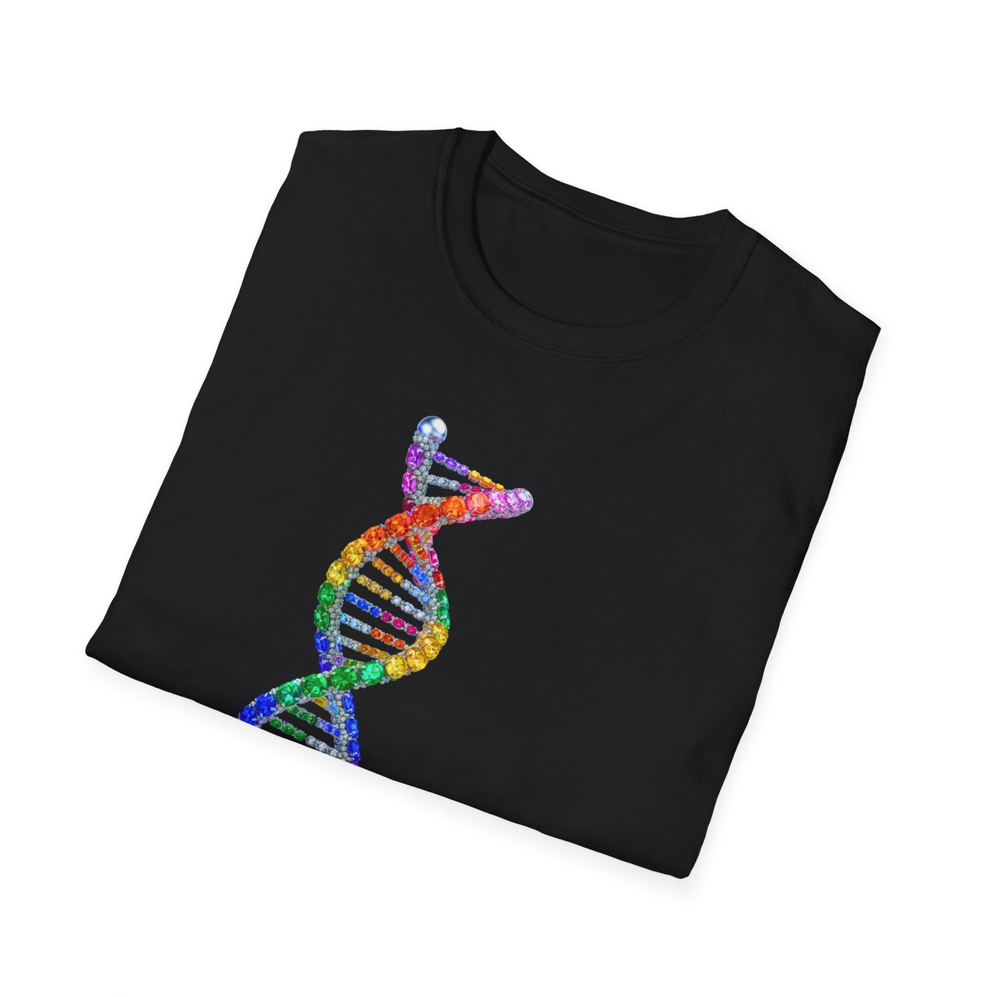 Black t-shirt with a colorful DNA double helix design on a white background