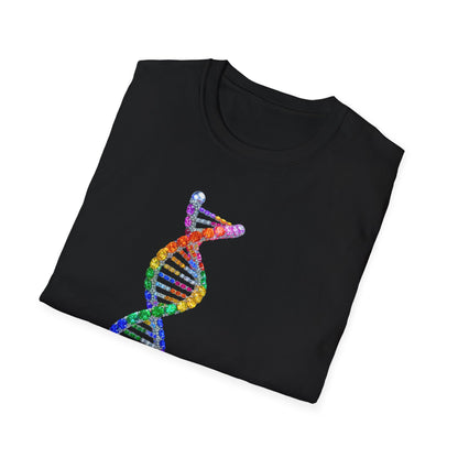 Black t-shirt with a colorful DNA double helix design on a white background