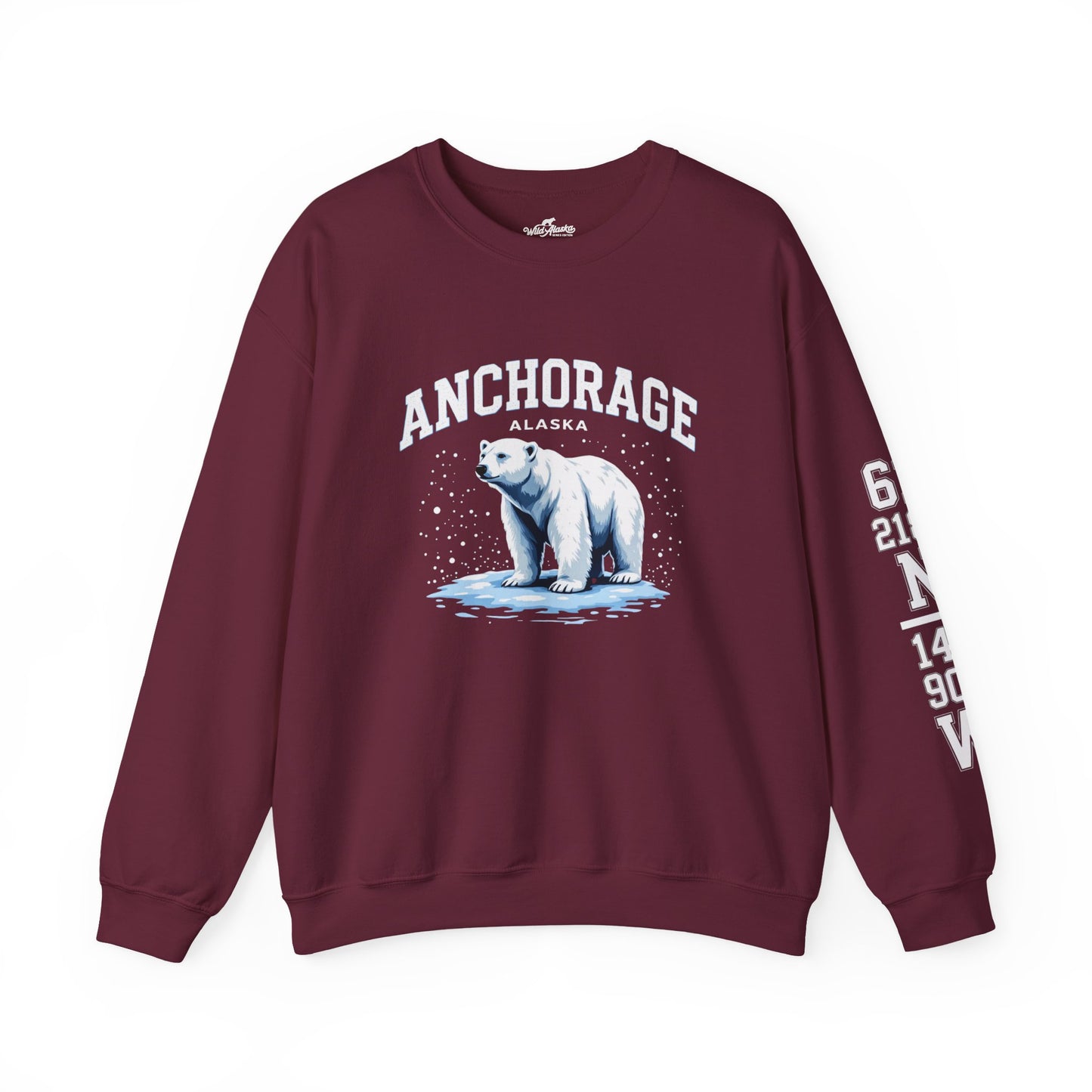 Maroon sweatshirt with polar bear graphic and 'Anchorage, Alaska' text on a white background