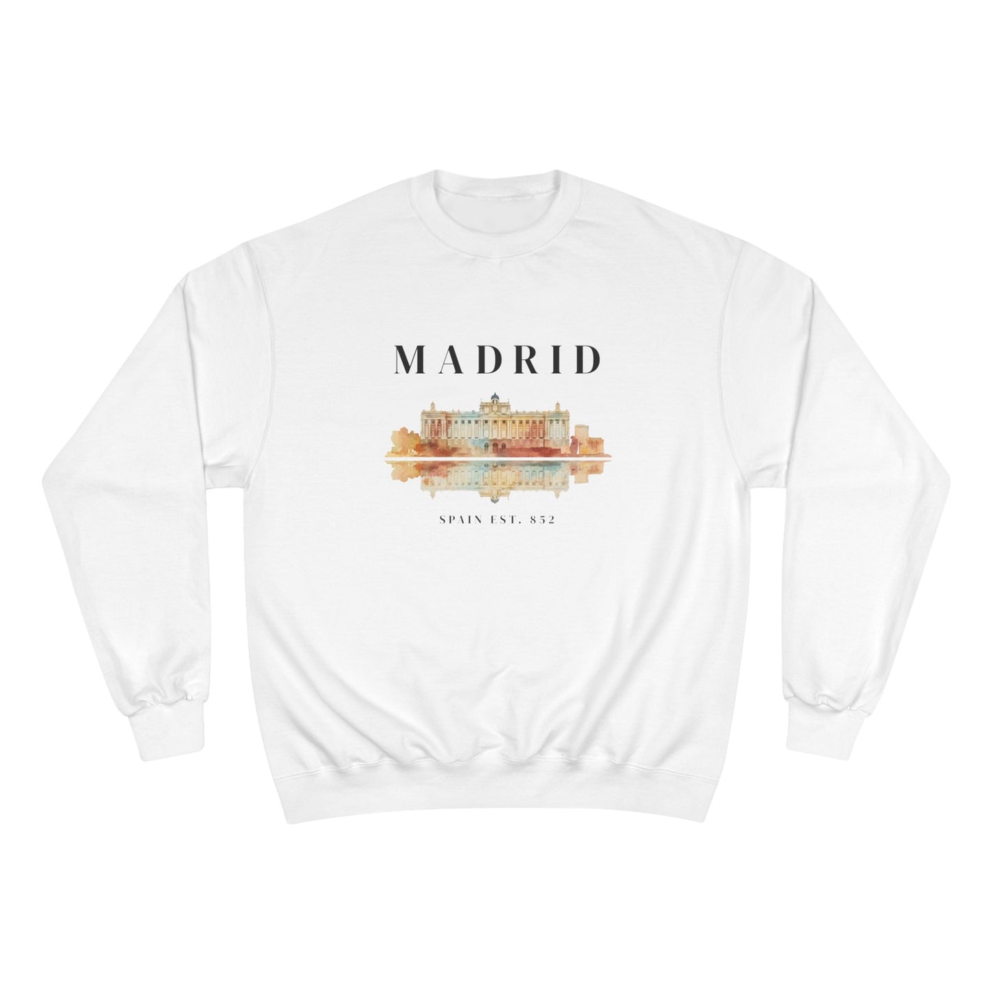 White sweatshirt with 'Madrid' and a building graphic on a white background