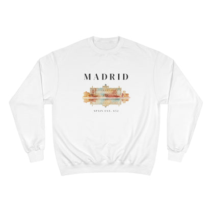White sweatshirt with 'Madrid' and a building graphic on a white background