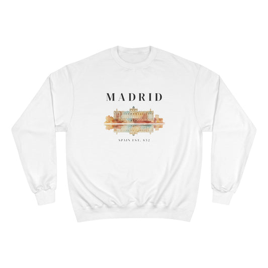 White sweatshirt with 'Madrid' and a building graphic on a white background