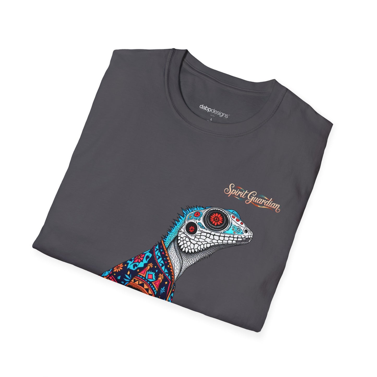 Folded t-shirt with a colorful lizard design and 'Spirit Guardian' text on a white background