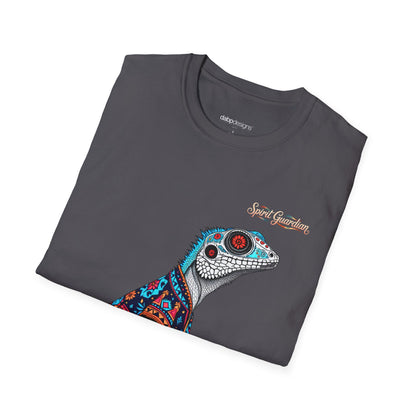 Folded t-shirt with a colorful lizard design and 'Spirit Guardian' text on a white background