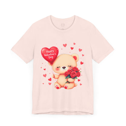 Bella+Canvas · 3001 Unisex Jersey Short Sleeve Tee - Valentine’s Day Bear, Balloon & Roses Design