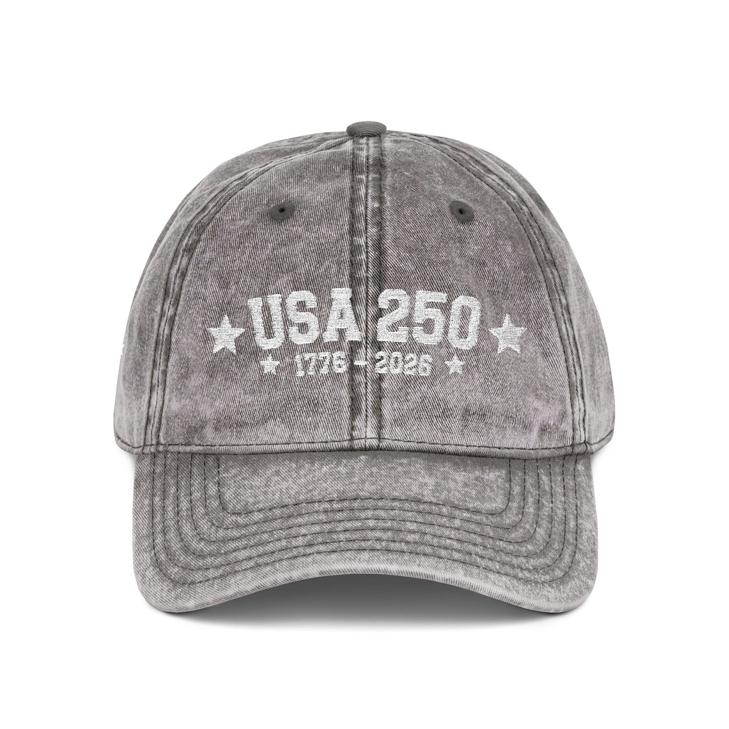 Gray vintage-style cap with embroidered text on a white background