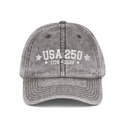 Gray vintage-style cap with embroidered text on a white background