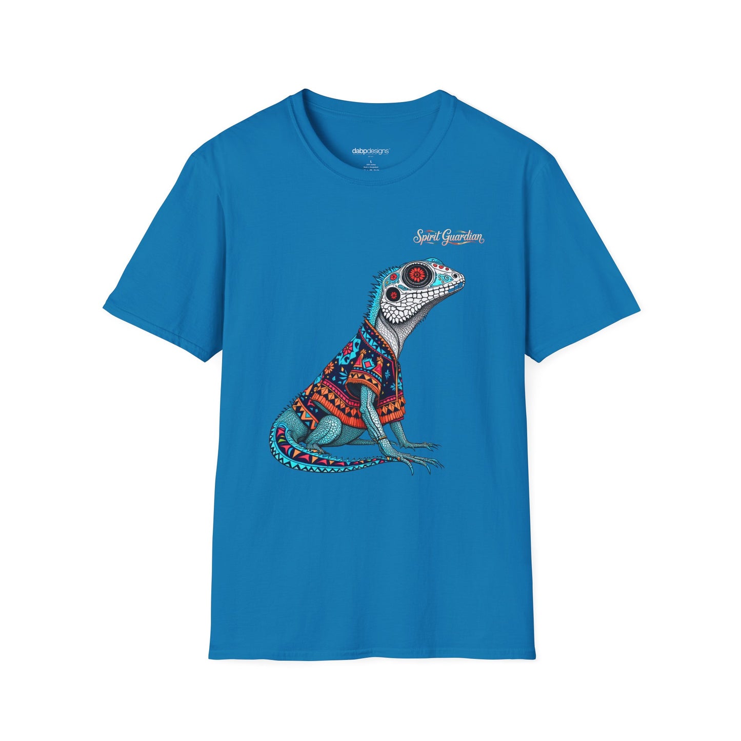 Blue t-shirt with a colorful lizard graphic on a white background