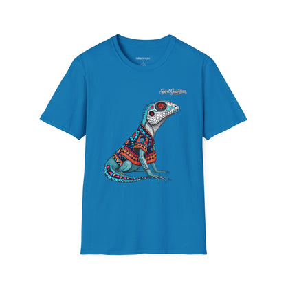 Blue t-shirt with a colorful lizard graphic on a white background