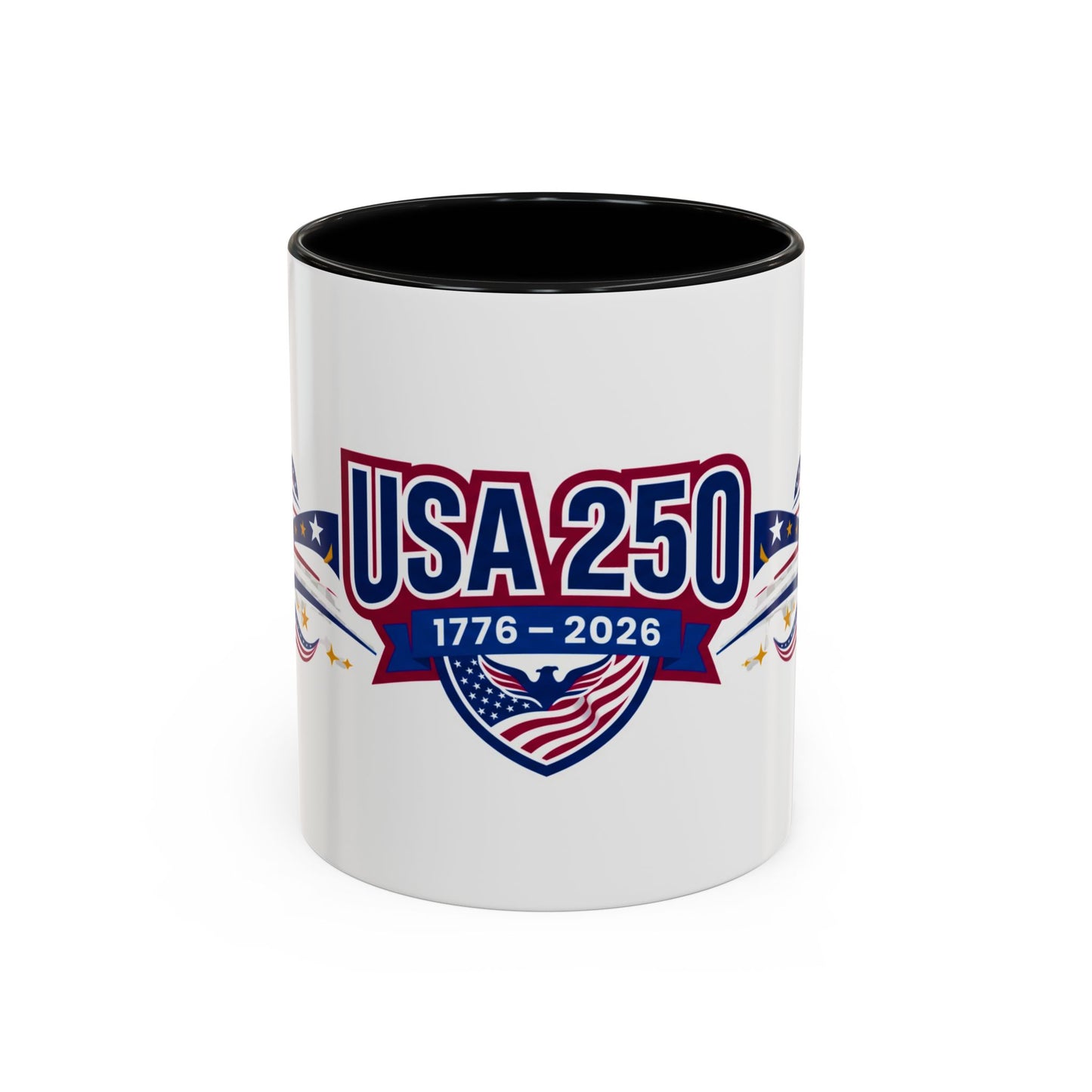 White mug with black interior, featuring 'USA 250' text and American flag design on a white background.