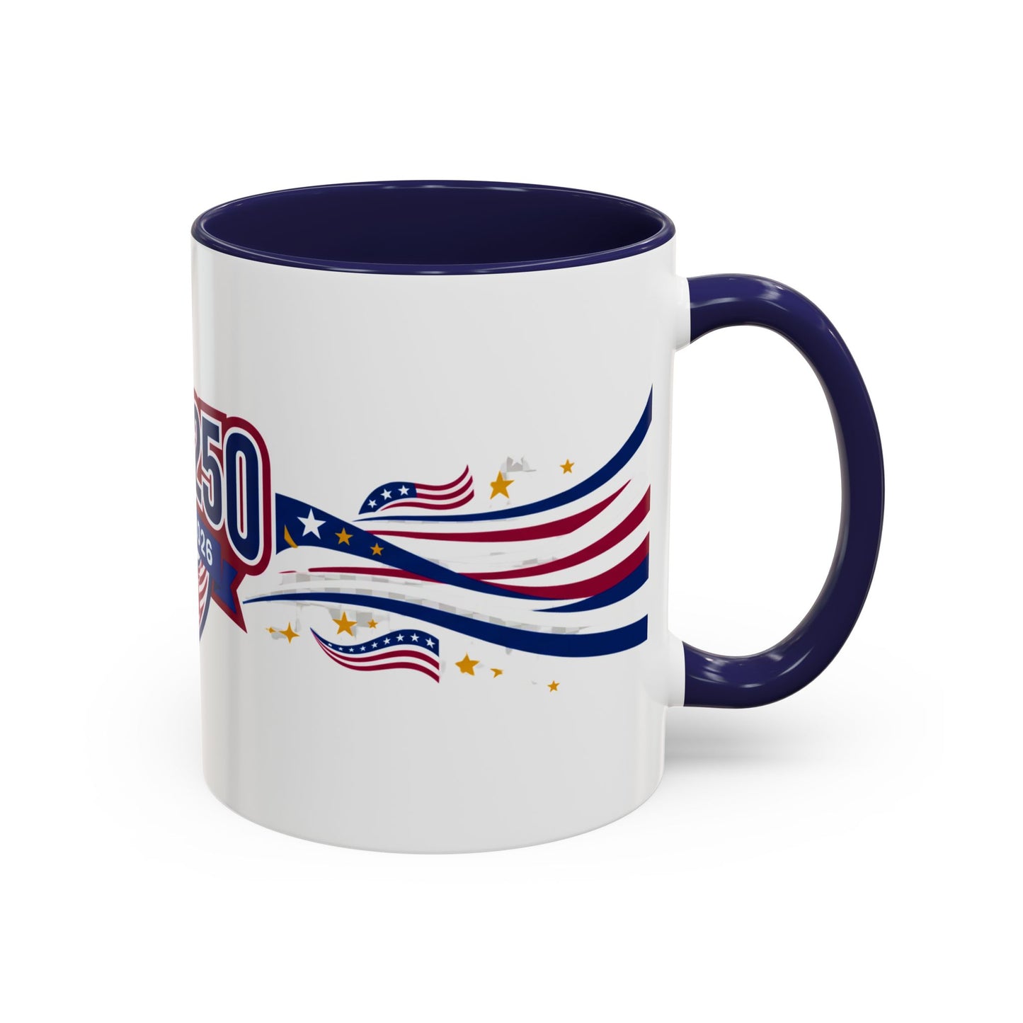 White mug with blue interior and handle, featuring a design with stars and stripes on a white background.