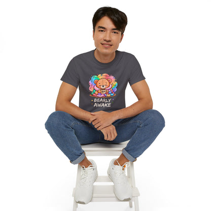 Bearly Awake Teddy Bear Tee | Cute Coffee Bear Wrapped in Rainbow Blanket