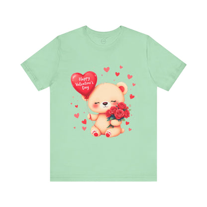 Bella+Canvas · 3001 Unisex Jersey Short Sleeve Tee - Valentine’s Day Bear, Balloon & Roses Design