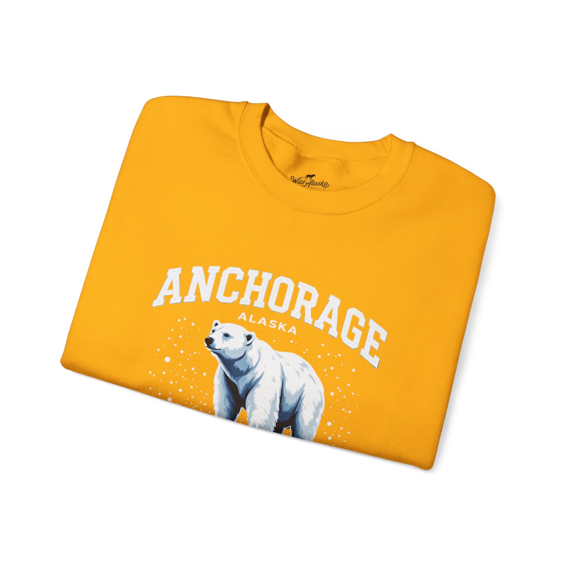 Yellow t-shirt with a polar bear graphic and 'Anchorage Alaska' text on a white background