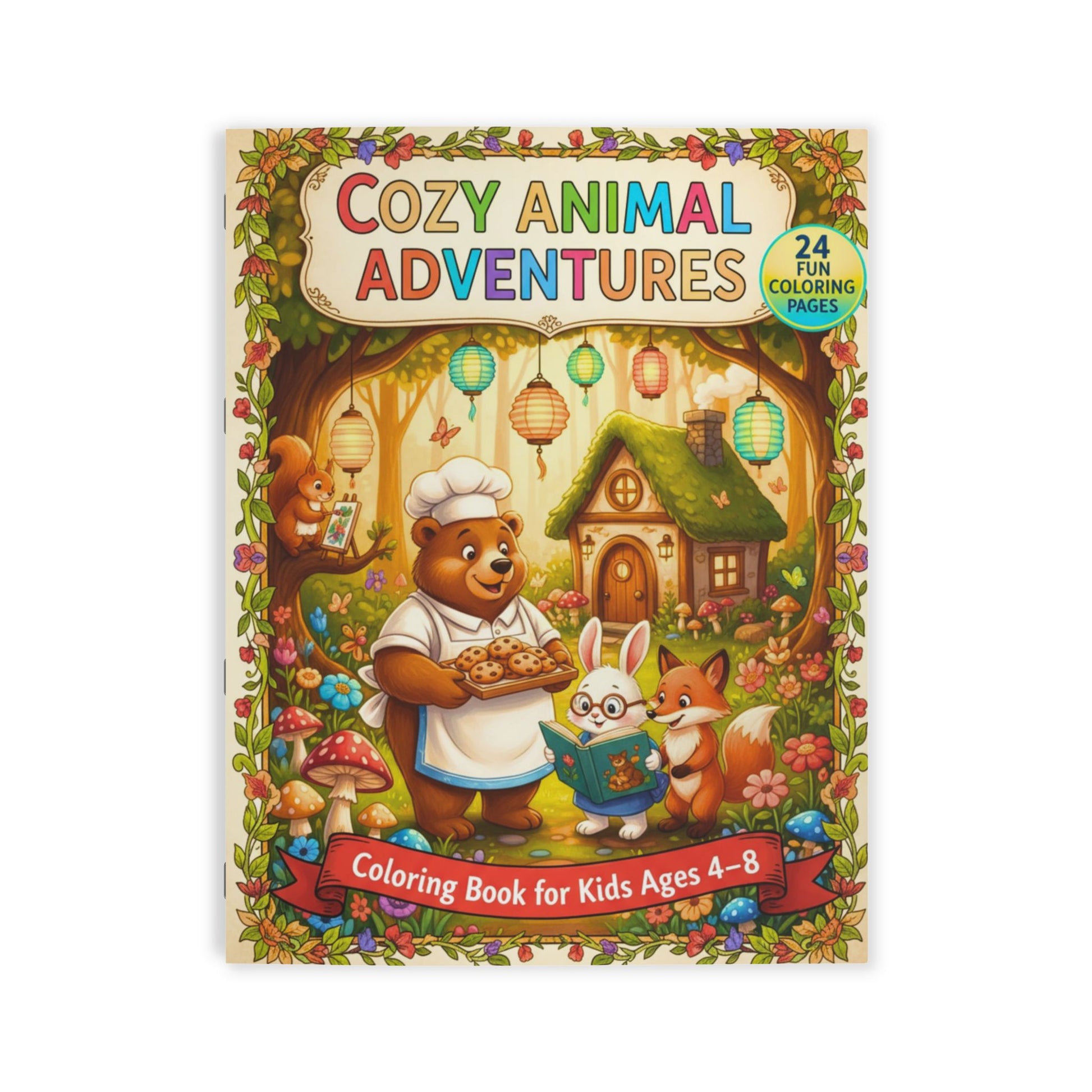 Coloring book cover titled 'Cozy Animal Adventures' with a bear, rabbit, and fox in a forest setting.