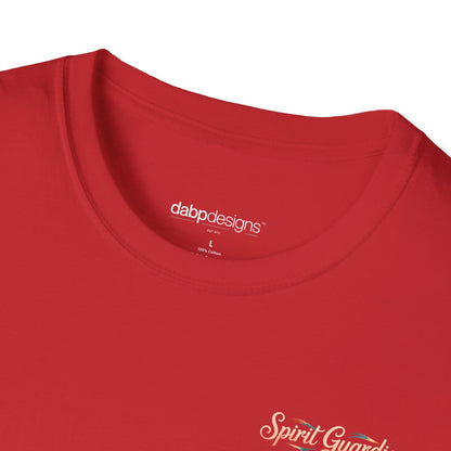 Red t-shirt with 'dabpp designs' logo on the collar and 'Spirit Guard' text on the sleeve.