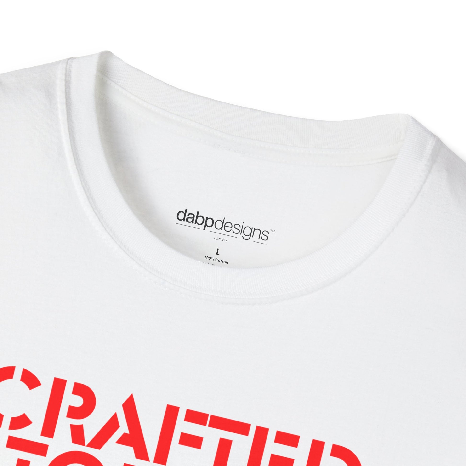 White t-shirt with red text and 'dabbdesigns' label on a white background