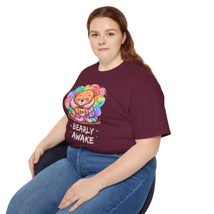 Bearly Awake Teddy Bear Tee | Cute Coffee Bear Wrapped in Rainbow Blanket