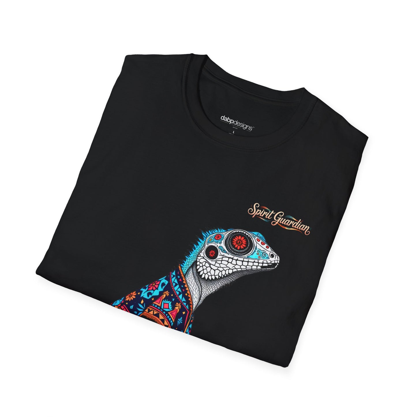 Black t-shirt with a colorful lizard design and 'Spirit Guardian' text on a white background
