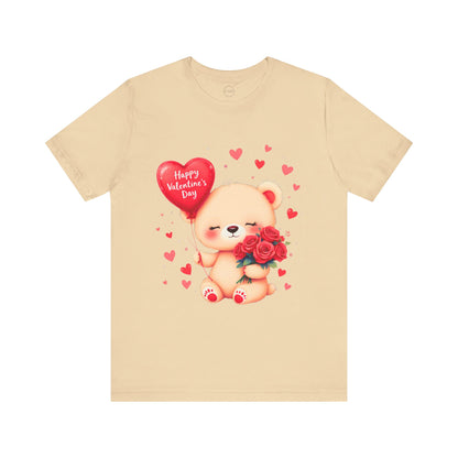Bella+Canvas · 3001 Unisex Jersey Short Sleeve Tee - Valentine’s Day Bear, Balloon & Roses Design
