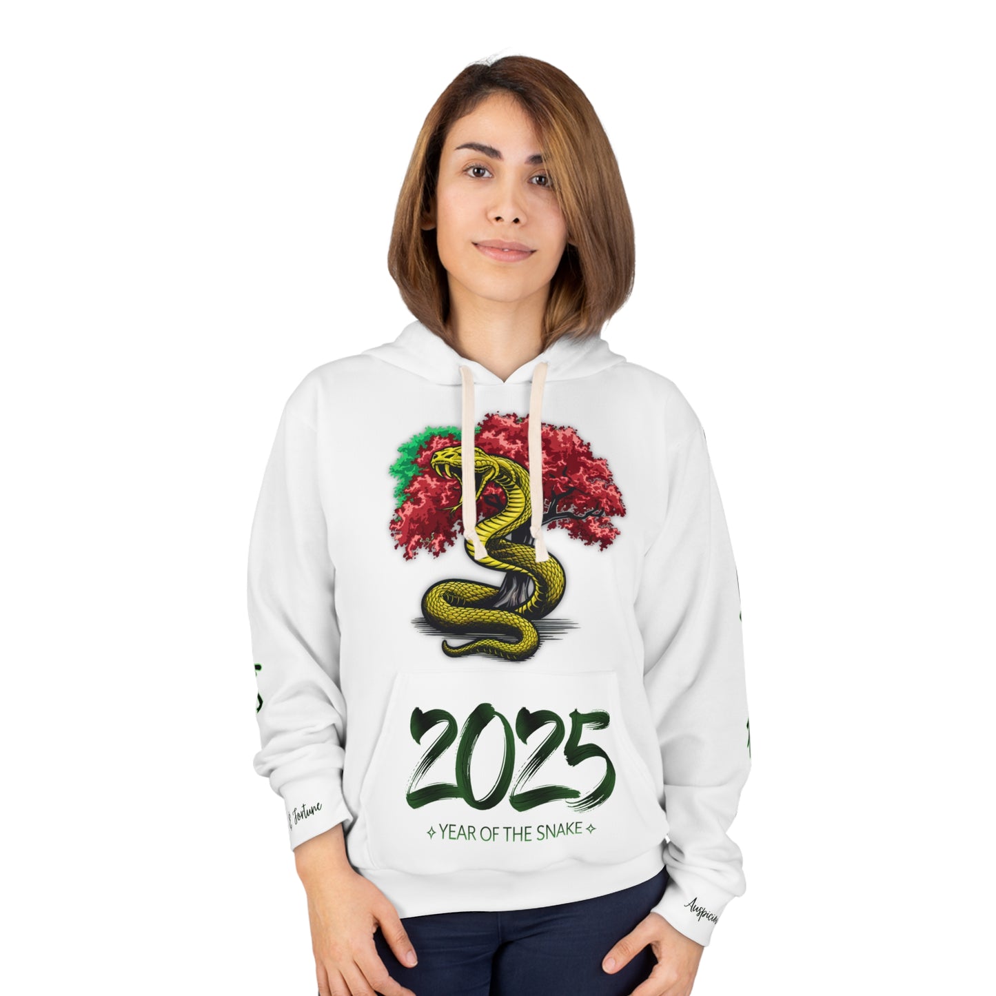 Chinese New Year - 2025 Year of the Snake – White Hoodie with Wealth & Fortune, Auspicioius & Lucky Design (v3)