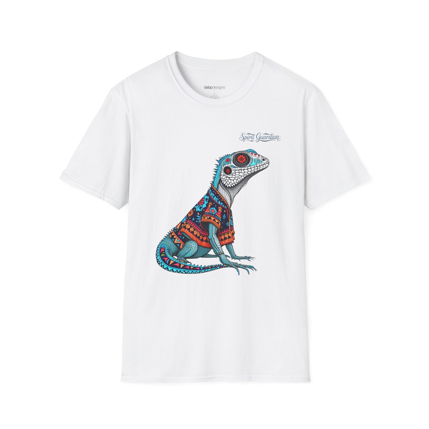 White t-shirt with a colorful lizard graphic on a white background