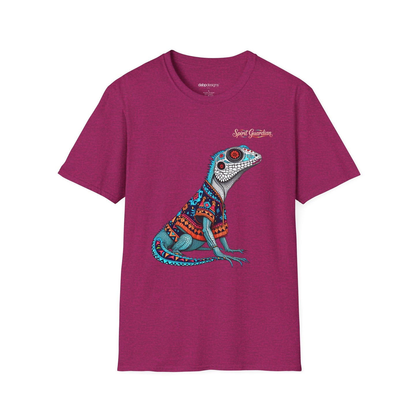 Purple t-shirt with a colorful lizard graphic on a white background