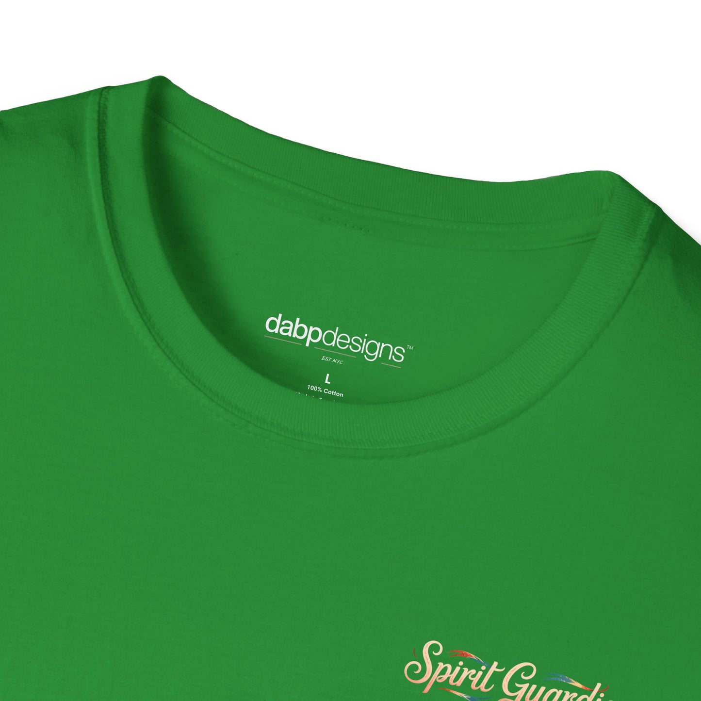 Green t-shirt with 'dabbdesigns' logo on the collar and 'Spirit Guard' text on a white background