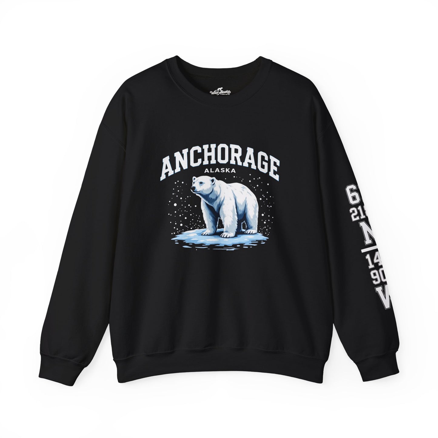 Black sweatshirt with a polar bear graphic and 'Anchorage, Alaska' text on a white background