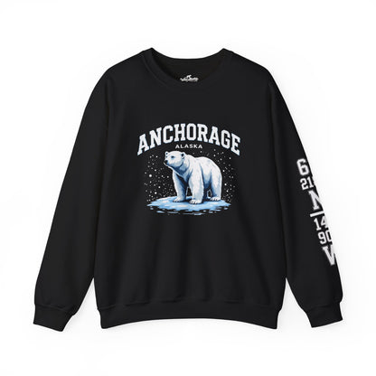 Black sweatshirt with a polar bear graphic and 'Anchorage, Alaska' text on a white background
